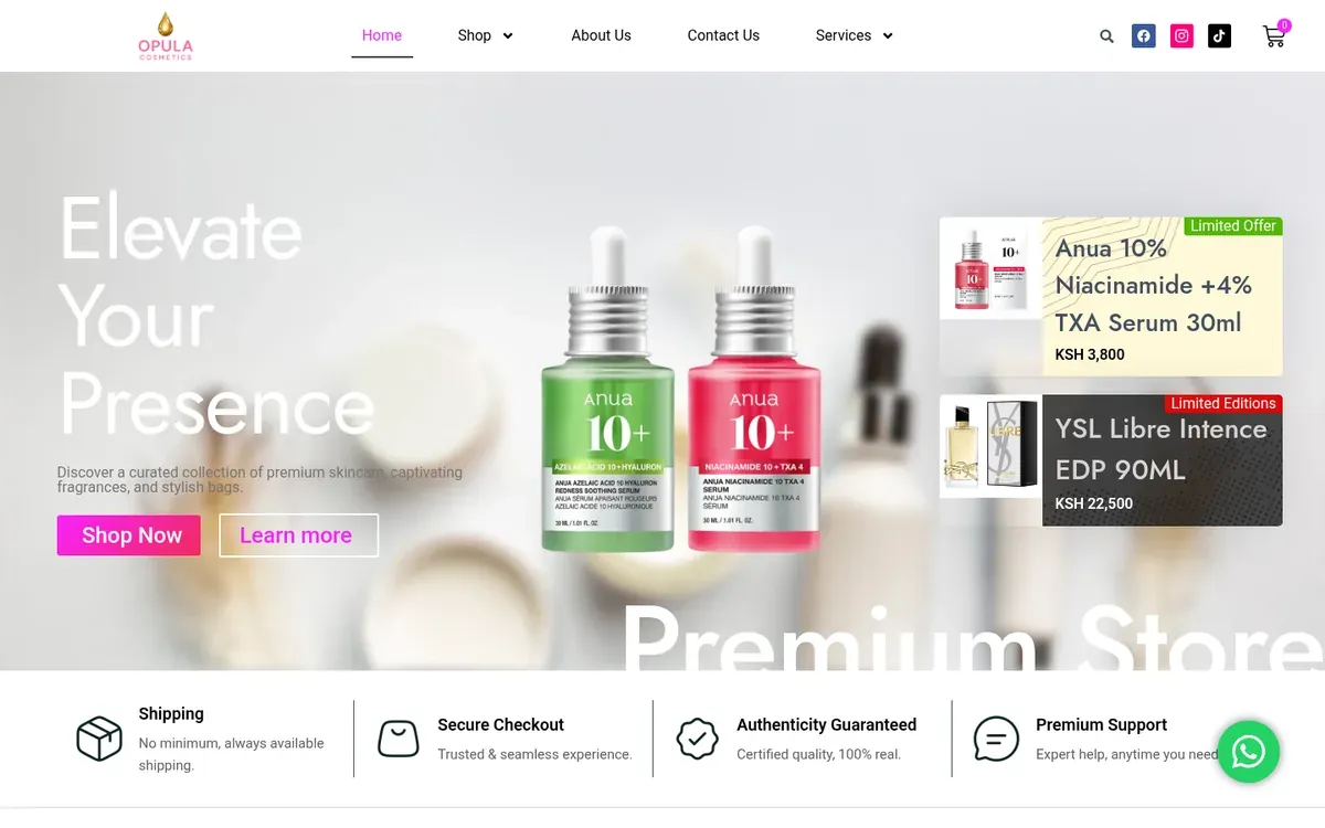 Opula Cosmetics finished website homepage